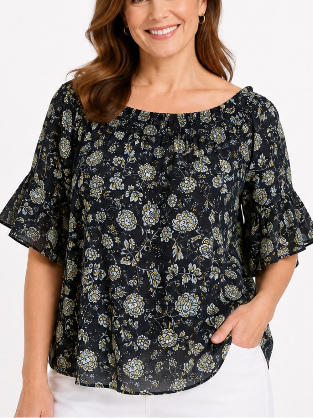 Torrid Off Shoulder Floral Blouse Sz 2 (2X)‎ Black Sheer Boho Flowy Top Romantic